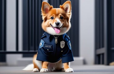 Adorable little puppy police dog in uniform ready to serve. Portrait of a corgi police dog in uniform.