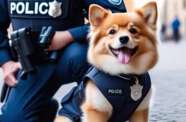 Adorable little puppy police dog in uniform ready to serve. Portrait of a corgi police dog in uniform.