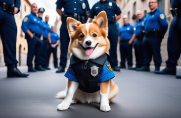 Adorable little puppy police dog in uniform ready to serve. Portrait of a corgi police dog in uniform.