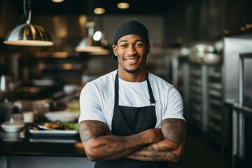 Obraz premium Portrait of a young smiling male chef in kitchen