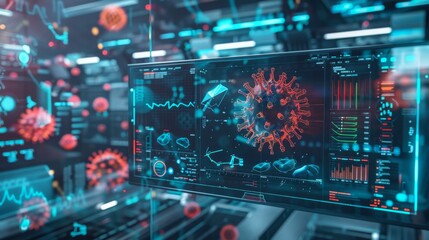 A close-up view of a computer screen displaying a 3D model of a coronavirus. The screen is surrounded by other computer screens, all showing various data visualizations and graphs.