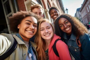 Smiling group of high school students taking a selfie