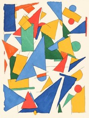 Obraz premium Colorful Abstract Geometric Shapes with Straight Lines and Squares on Watercolor Texture Paper