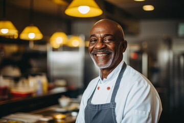 Fototapeta premium Portrait of a smiling middle aged male chef in kitchen