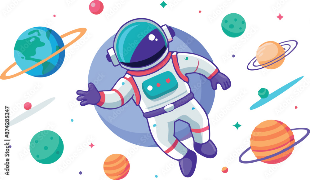 Wall mural a cartoon astronaut is floating in space with a planet in the background