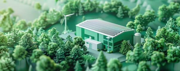 Sustainable Green Factory with Solar Panels and Wind Turbine in a Forest Setting