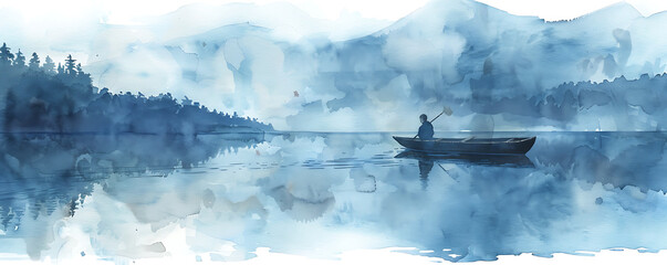 A serene watercolor painting depicting a lake at sunset with a lonely man in a boat The tranquil scene is enhanced by the soft colors and reflections on the water creating a peaceful and contemplative