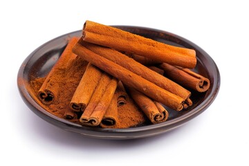 Cinnamon sticks and powder on white plate  isolated view.