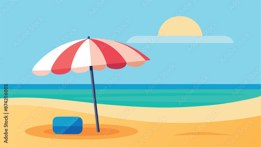 Wall mural A beach scene with a red and white umbrella and a blue cooler