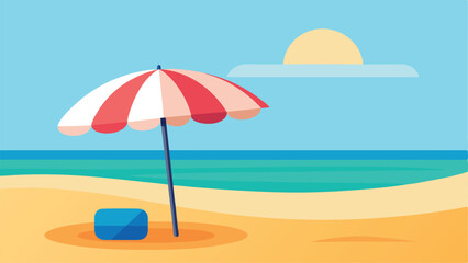 A beach scene with a red and white umbrella and a blue cooler