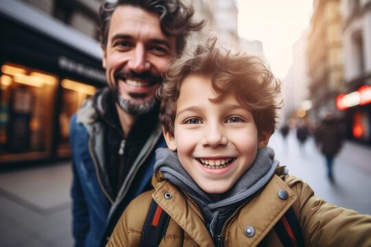 Portrait of a father and son taking selfie in city - Powered by Adobe