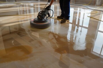 Worker polishing hard floor with high speed polishing machine