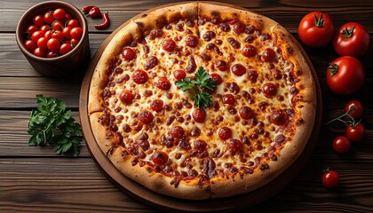 Round mouth-watering hot pizza view from the top