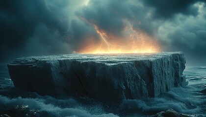 Stone round podium on the background of water with the setting sun, ocean with splashes of waves and water
