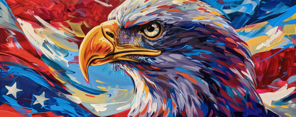 Obraz premium A close-up of an eagle's head with a wavy American flag behind it, the eagle's piercing eyes and sharp beak highlighted against the vibrant red, white, and blue.