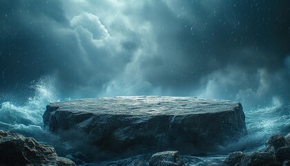 A podium for product advertising, a stone round podium on the background of water, ocean with splashes of waves and water
