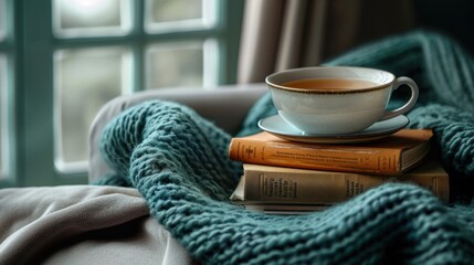 Create a cozy reading nook with a stack of books and a cup of tea. -