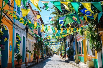 Fototapeta premium Bright and festive street decorations and flags celebrate Brazilian Independence Day