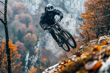 Naklejka premium An extreme sportsman on a bicycle flies over an abyss