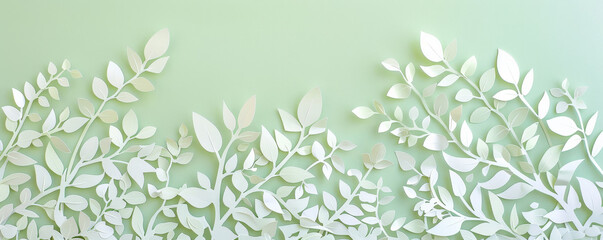 Fototapeta premium A cut-out paper banner with floral vine patterns, layered on a pastel green background, creating a fresh and natural effect.