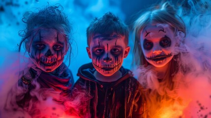 Fototapeta premium Three children with spooky face paint and eerie expressions, surrounded by colorful smoke in a dark Halloween setting.