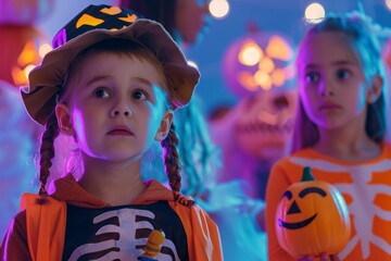 Little girl in witch costume. Smiling little girl in a witch costume with Halloween decorations in the background.