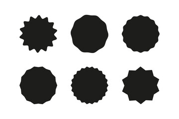 Round black badges. Set of circle sticker. Wavy edge promo symbol. Star burst shape tags for price. Blank sale templates. Simple silhouette icon. Flat vintage label.
