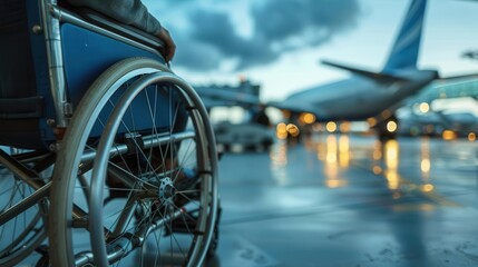A wheelchair at an airport runway with an airplane in the background, highlighting accessibility and travel for individuals with mobility needs.