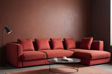 Modern red sectional sofa in minimalist living room with floor lamp and coffee table