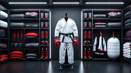 Collection of martial arts equipment including boxing gloves, punching bags, and protective gear, dramatically lit in a dark dojo-style setting
