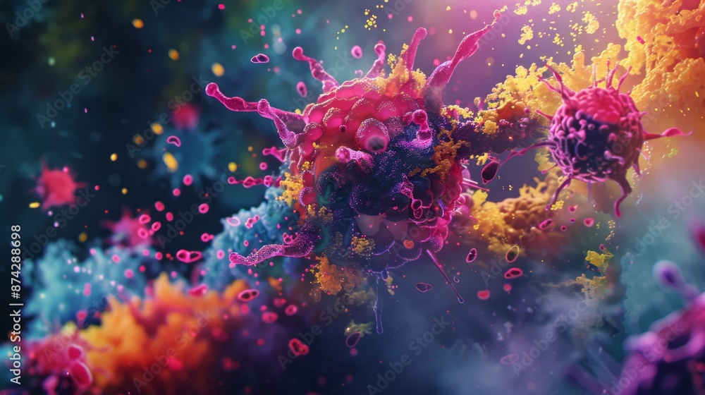 Poster the image shows a 3d render of cancer cells. the cells are vibrant, and they are surrounded by a col