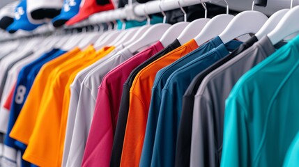 Assortment of team sports uniforms and jerseys in various colors and styles, hanging on a rack with sports equipment visible in the background