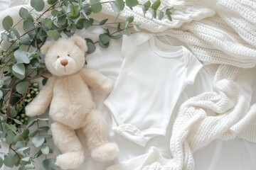 White cotton baby short sleeve bodysuit, toy teddy bear and eucalyptus branch on white ivory blanket throw background. Blank infant onesie mockup template. Top view