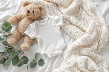 White cotton baby short sleeve bodysuit, toy teddy bear and eucalyptus branch on white ivory blanket throw background. Blank infant onesie mockup template. Top view