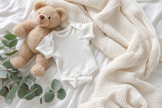 White cotton baby short sleeve bodysuit, toy teddy bear and eucalyptus branch on white ivory blanket throw background. Blank infant onesie mockup template. Top view