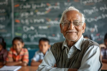 Portrait of a senior male teacher in classroom