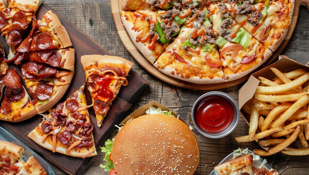 delicious pizza and hamburger on a wooden background