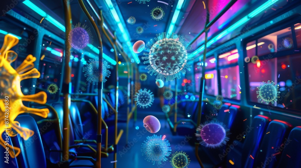 Poster A public bus with empty seats, illuminated by blue and purple lights. Several virus particles are floating in the air, depicting the spread of illness.
