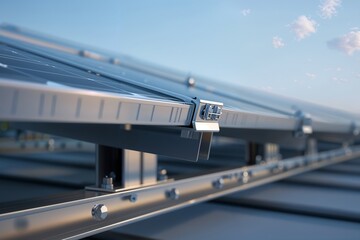 Solar Panel Array. A close-up view of a solar panel array with a clear sky in the background.