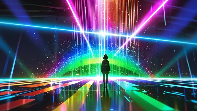 In the vividly shimmering holo-deck, a mysterious figure with holographic iridescent skin stands out amidst a digital anime copy space