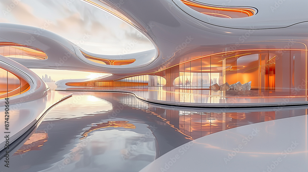 Poster futuristic building with flowing architecture and sunset reflections