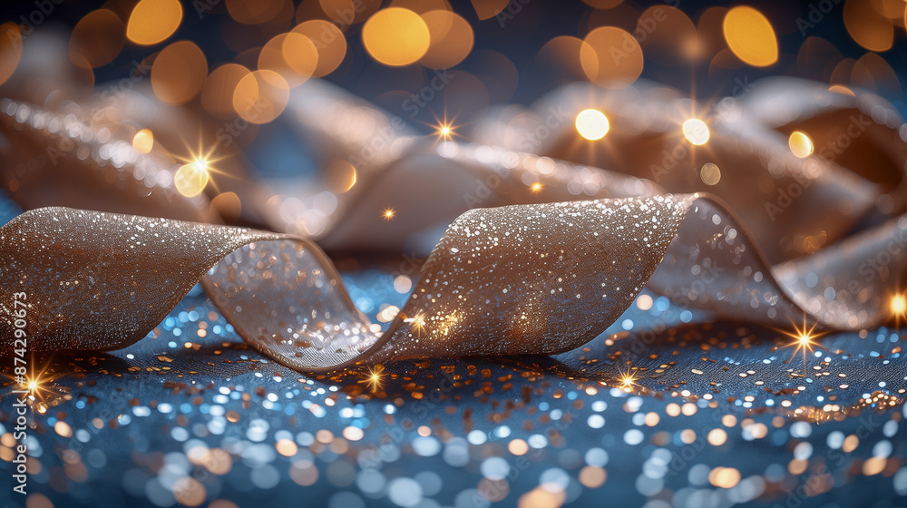 Poster sparkling ribbon and bokeh lights in festive setting