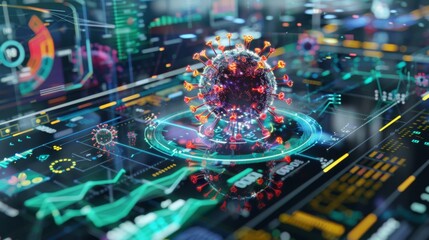 A 3D model of a coronavirus is shown on a screen with various digital data and charts surrounding it.