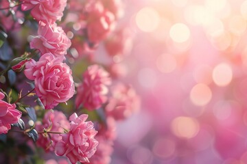 Fototapeta premium border of pink rose flowers on pink bokeh background