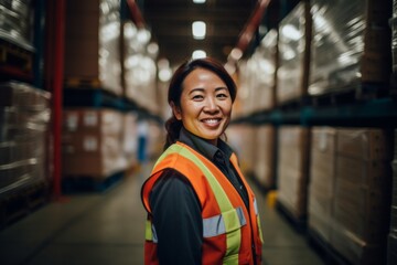 Fototapeta premium Smiling portrait of middle aged female warehouse worker