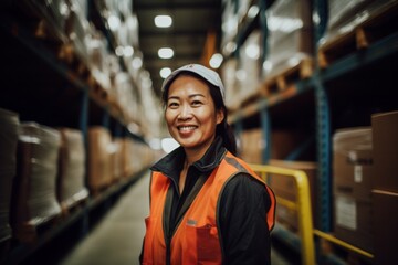 Fototapeta premium Smiling portrait of middle aged female warehouse worker