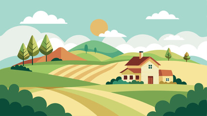 Fototapeta premium A rural landscape with a house and a barn