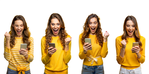 Happy young European women smartphone winning game isolated on transparent background PNG file
