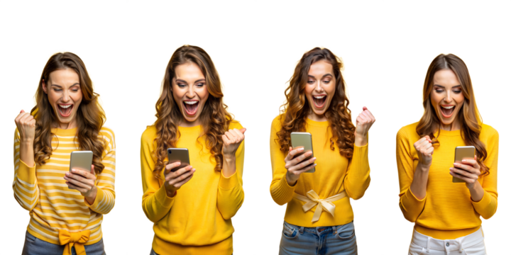 Happy young European women smartphone winning game isolated on transparent background PNG file
