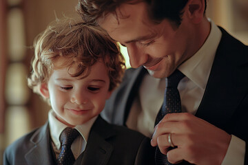 An affluent dad helping his young son tie a necktie before a formal event, both dressed in elegant attire